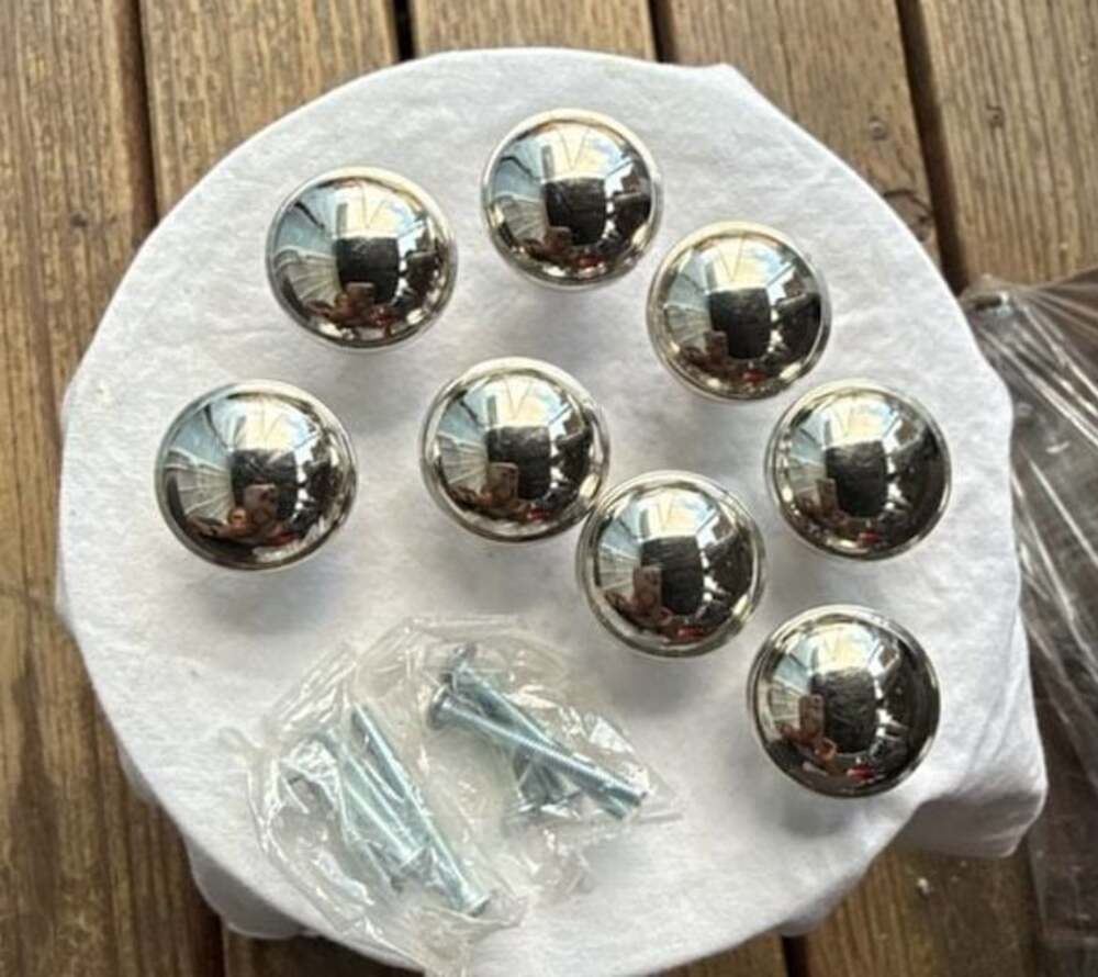 Set of 8 Polished Chrome Round Cabinet Knobs with Mounting Hardware
